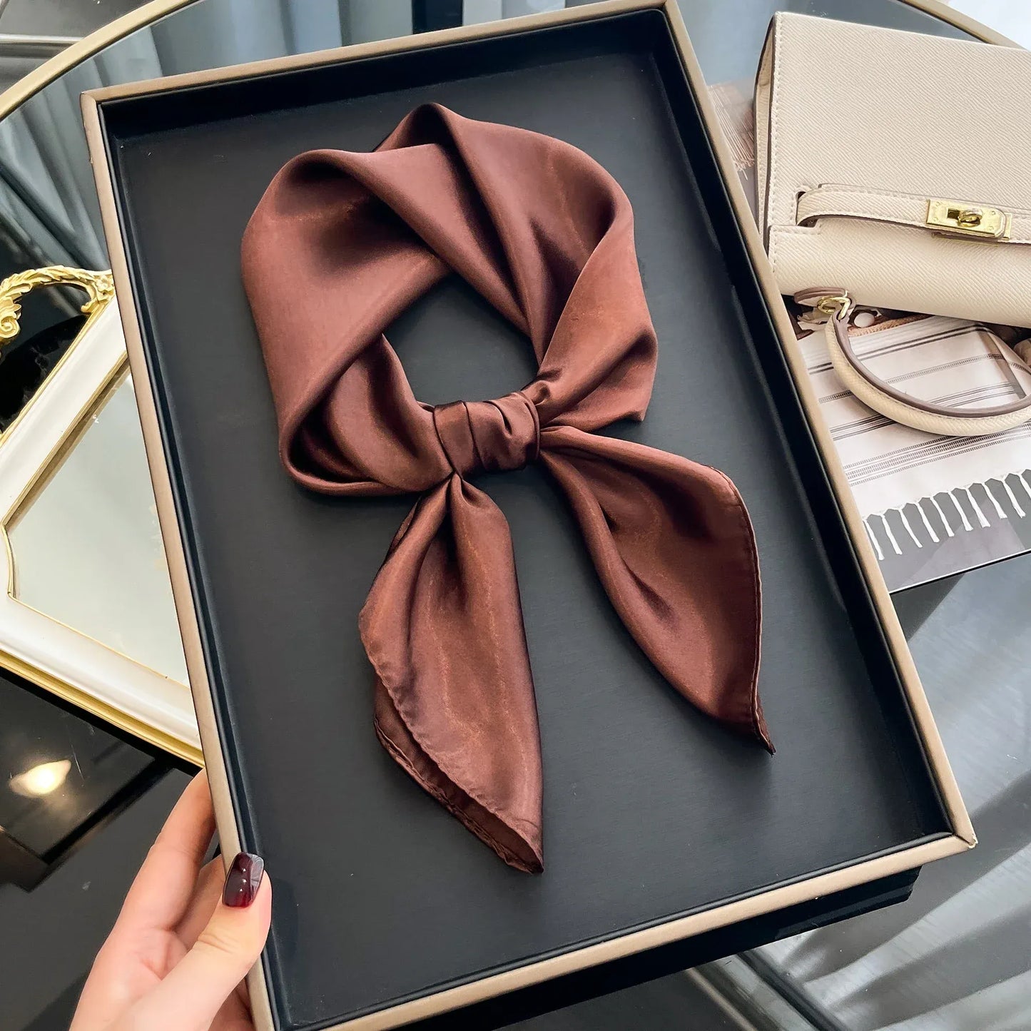 60cm Solid Color Silk Satin Neckerchief – Elegant Hijab Scarf for Women